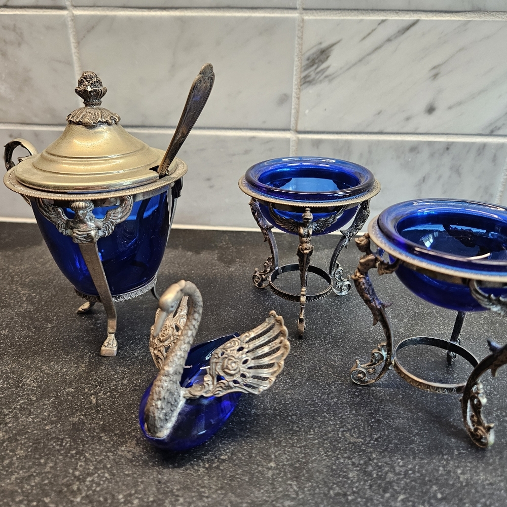 Antique cobalt glass condiment/salt/sugar service